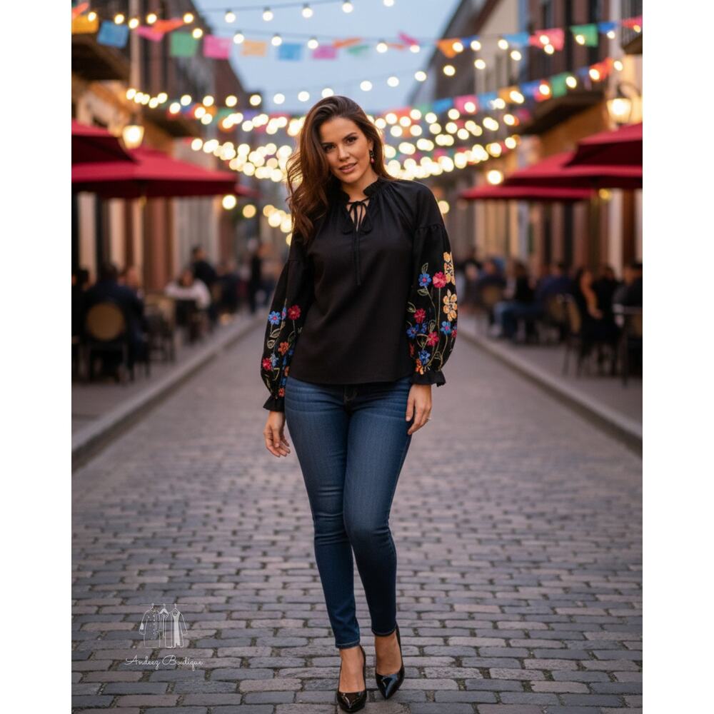 Boutique Floral Embroidered Puff Sleeve Ruffle Neck Festive Black Top Medium